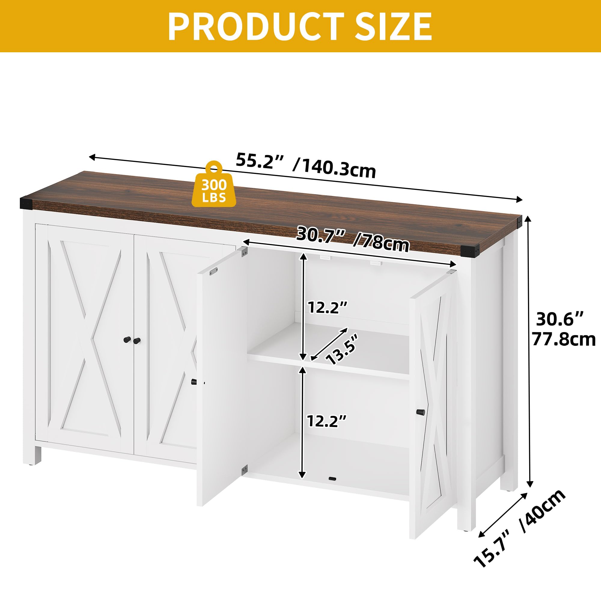 Photo 1 of **PARTS ONLY*** DWVO 55" Sideboard Buffet Cabinet with Storage, Farmhouse Kitchen Storage Cabinet with 4 Doors, Large Wood Coffee Bar Cabinet with Adjustable Shelfs for Kitchen, Living Room, White Brown