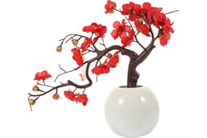 TOPPERFUN Artificial Wintersweet Bonsai Fake Potted Plant Décor Small Round Vase Red Simulated Flowers Indoor