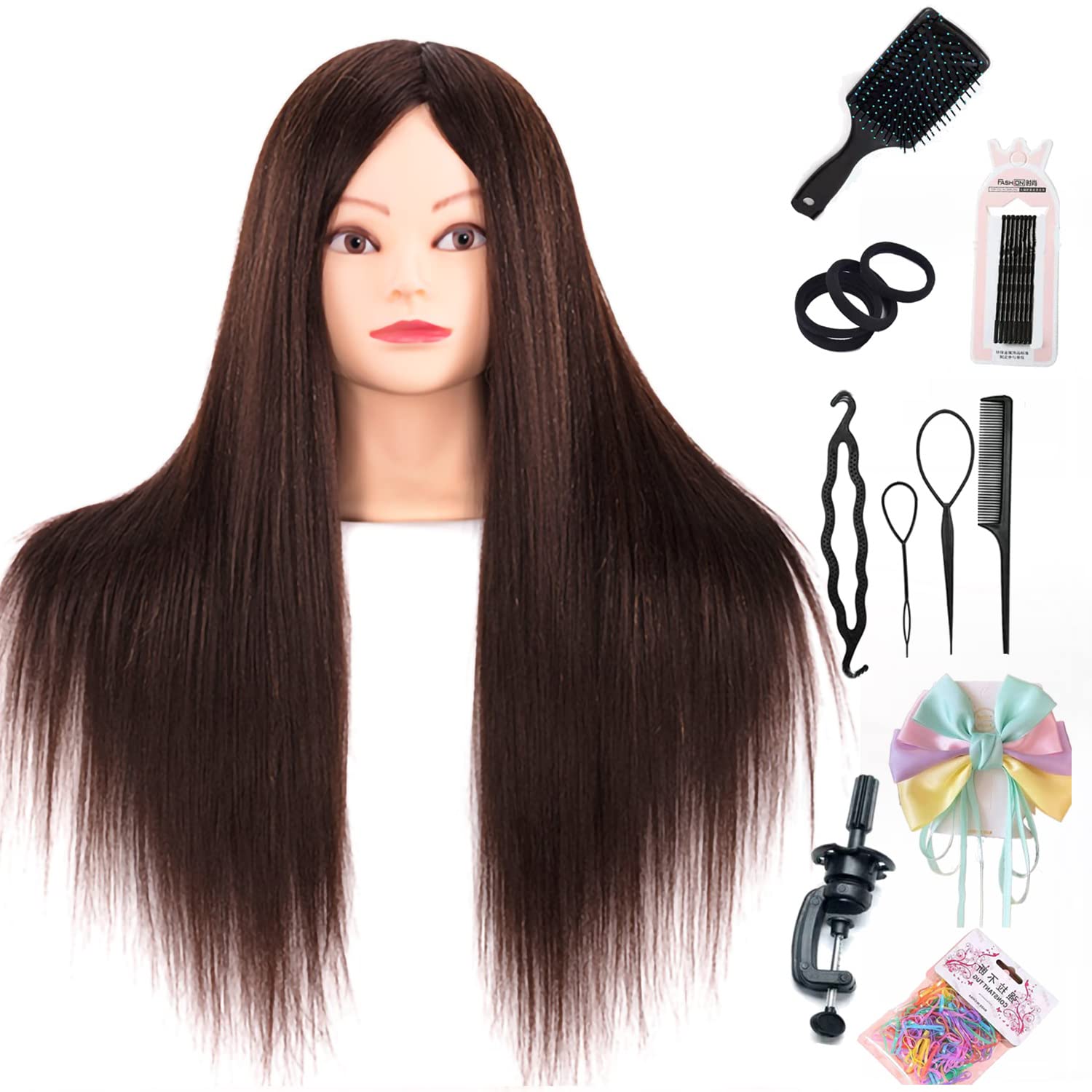 Training Heads Mannequin Head Hair Styling Manikin Cosmetology Doll Head Synthetic Hair Hairdressing Head Exercise Head Free Clamp Exquisite Gifts (60% brown)