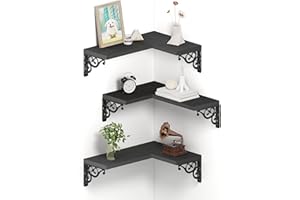 Smatto Corner Floating Shelves, Black Corner Shelves Wall Mounted, Wood Wall Storage Shelves for Bathroom Bedroom Living Room Kitchen, Corner Shelf Set of 3