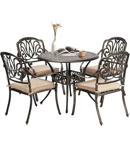 VINGLI 5-Piece Patio Dining Set - Cast Aluminum Table & 4 Stackable Chairs, Bronze, For Garden, Porch, Poolside