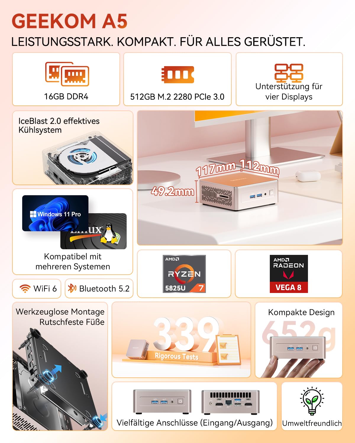 GEEKOM Mini PC A5 mit AMD Ryzen 7 5825U(Upgrade zu 5500U), 16GB DDR4 (Aufrüstbar,Kein LPDDR) 512GB SSD | 3 Jahren Garantie | 2.5G LAN | NUC Mini PC Win-11 Pro | Mini Computer für Home/Office/Gaming 2