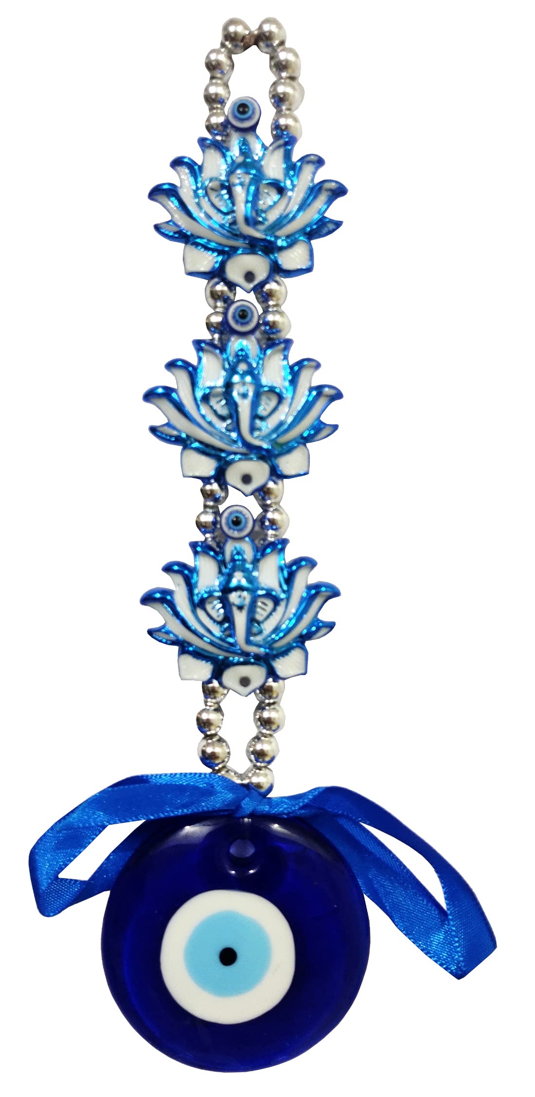 Purpledip Ceramic Evil Eye Wall Car Hanging With Lotus Ganesha: Vastu Feng Shui Good Luck Decorative Charm (11015)