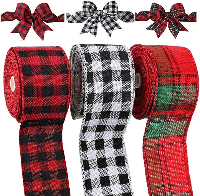 3 Rolls Christmas Plaid Burlap Ribbon Red Black White Wired Edge Ribbon