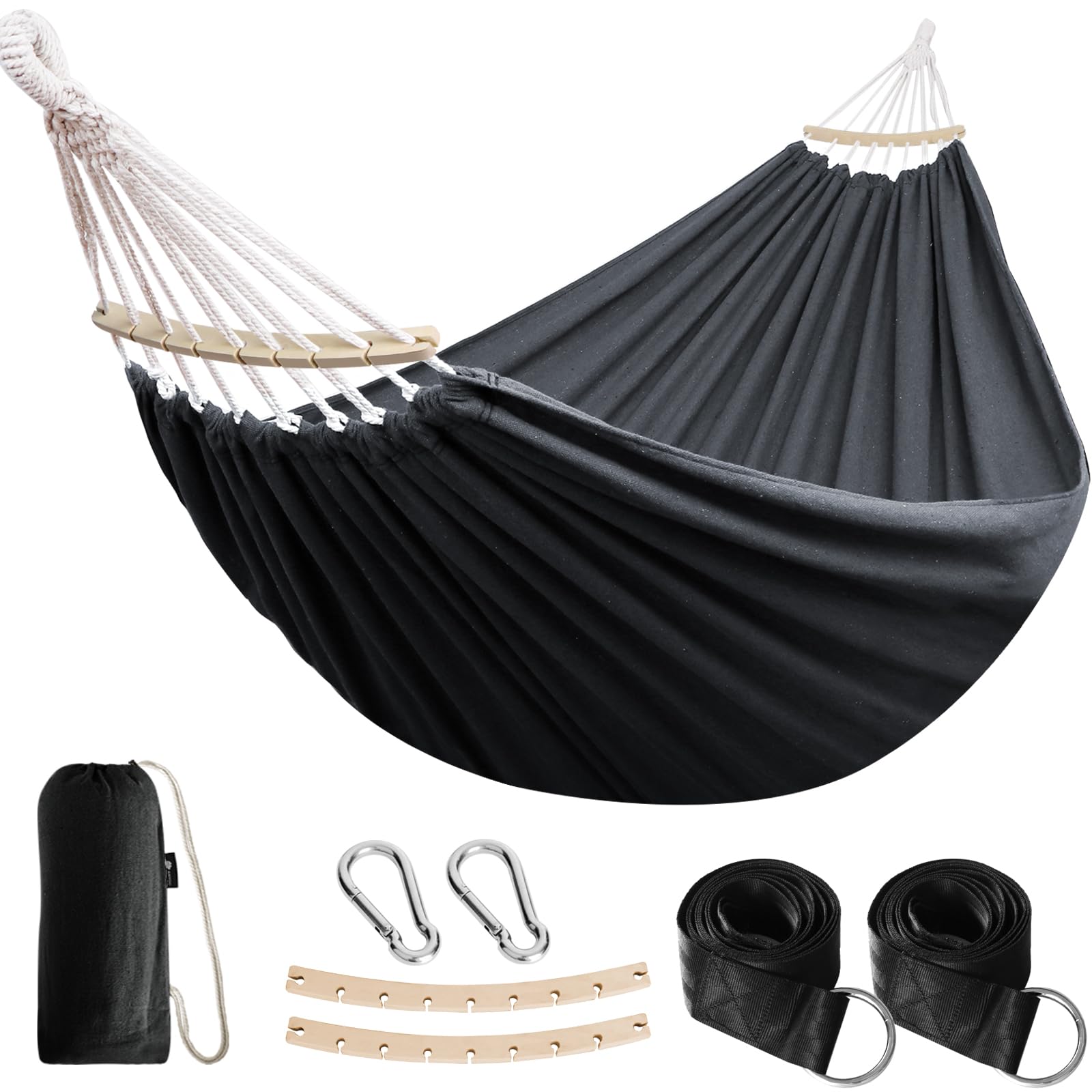 ANYOO Outdoor Cotton Hammock with Tree Straps, Portable Camping Hammock with Spreader Bars, Travel Bag for Indoor Balcony Garden Patio Yard