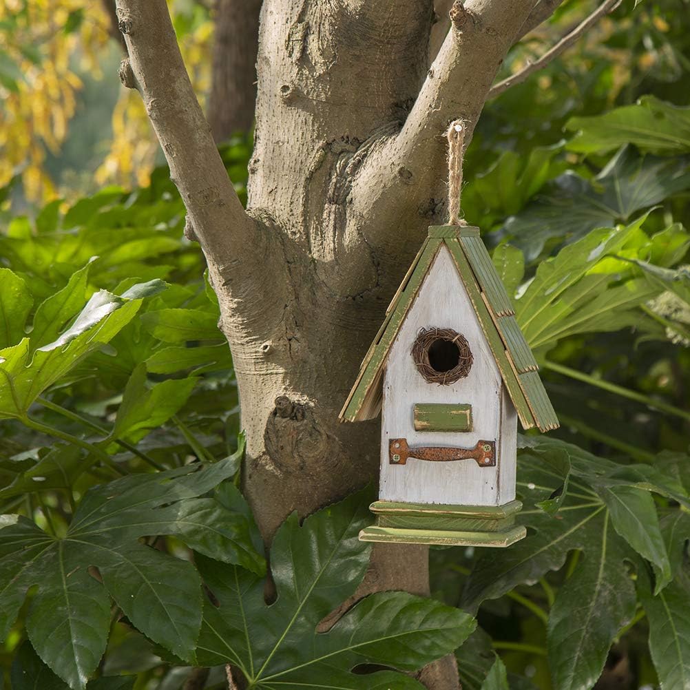 Glitzhome 10.75" H Wood Green Roof Garden Birdhouse Hand Painted Hanging Distressed Bird House : Garden & Outdoor