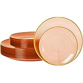 N9R 60PCS Orange Plastic Plates with Gold Rim, Elegant Disposable Plates, Circular Ribbed Design, 30 Dinner & 30 Dessert Plate for Parties, Weddings, Banquets and Events (Translucent Orange)