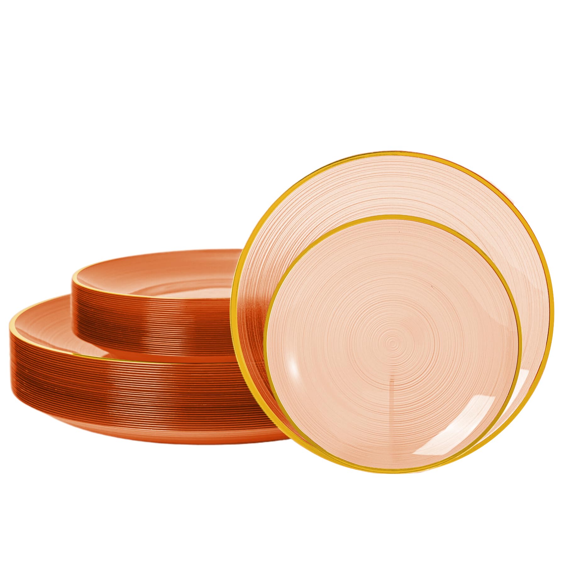 Photo 1 of N9R 60PCS Orange Plastic Plates with Gold Rim, Elegant Disposable Plates, Circular Ribbed Design, 30 Dinner & 30 Dessert Plate for Parties, Weddings, Banquets and Events (Translucent Orange)