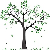 Buiory Giant Tree Wall Decal Removable Falling Green Leaves Wall Sticker DIY Peel and Stick Art Decor Black Tree Wall Sticker for Baby Kids Girls Bedroom Classroom Nursery Walls Background Decorations
