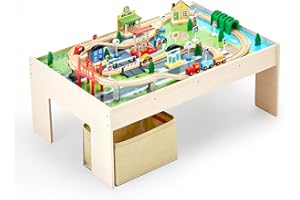 VEVOR Train Table, 84 Multicolor Pieces Wooden Kids Activity Table with Collapsible Storage Bin, 3-in-1 Wooden Train Set for Gaming, Drawing, Reading, Eating, Creative Toy Set for Kids Ages 3+