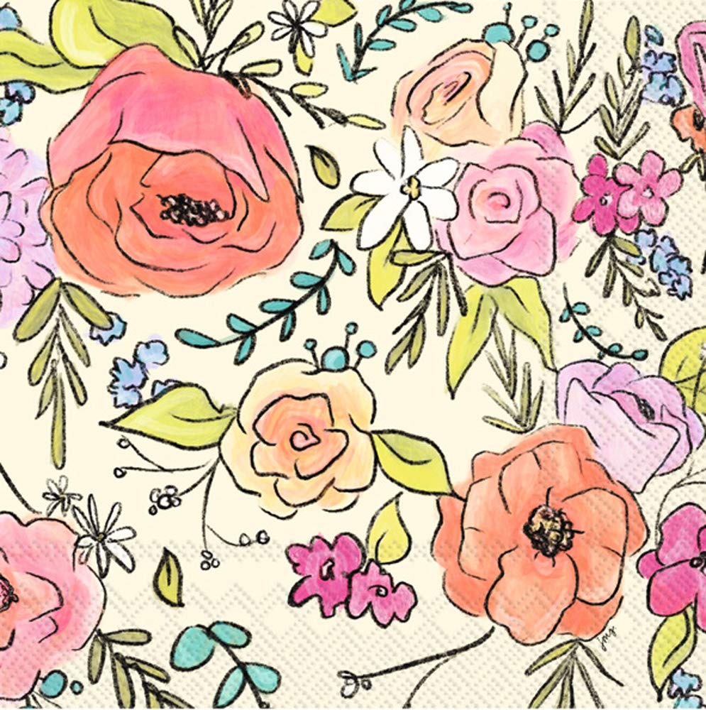 Photo 1 of Boston International IHR 3-Ply Cocktail Beverage Paper Napkins, 20-Count, 5 x 5-Inches, Flower Party Cream
