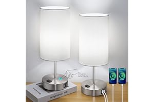 BRIGHTEVER Set of 2 Touch Control Table Lamps with 2 USB Charging Ports&AC Outlet, 3-Way Dimmable Bedside Nightstand Lamps with White Fabric Lampshade for Reading, Bedroom, Living Room, A19 LED Bulbs Included
