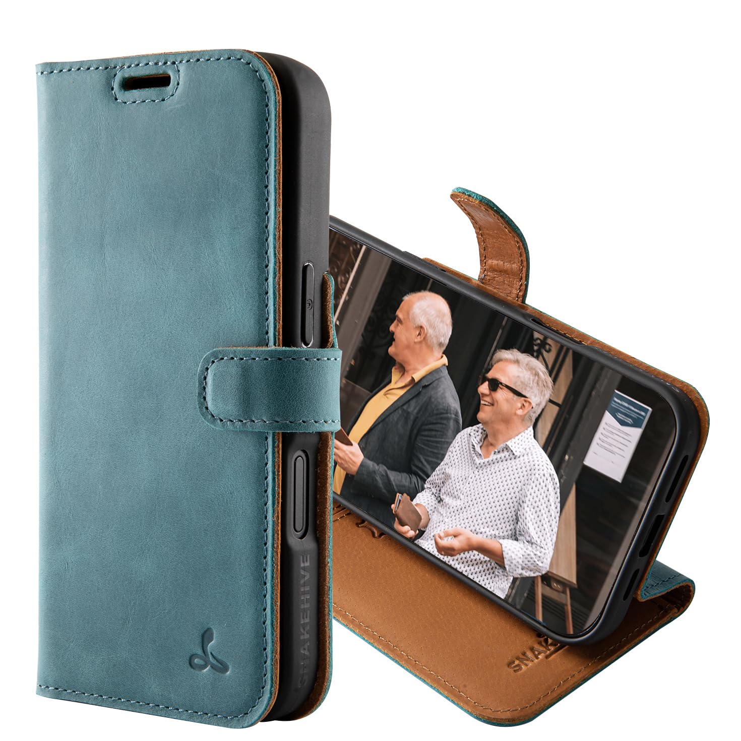 Snakehive Leather Wallet for iPhone 16 Pro - Real Leather Wallet Phone Case with Viewing Stand and Card Holder - Flip Folio Cover with Card Slots (Teal)