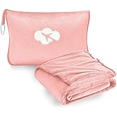 Travel Blanket and Pillow Compact, Premium Soft 2 in 1 Airplane Blanket with Soft Bag Pillowcase,Hand Luggage Sleeve and Backpack Clip (Solid Pink)