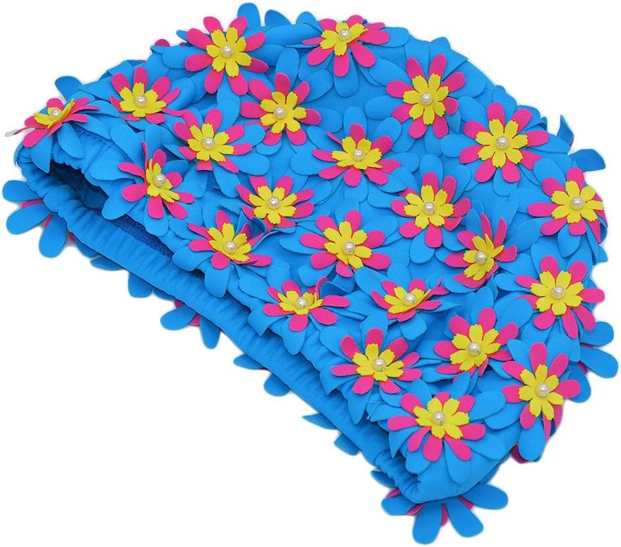 Medifier Swim cap Floral Petal Retro Style Bathing Caps for Women Blue - Image 3