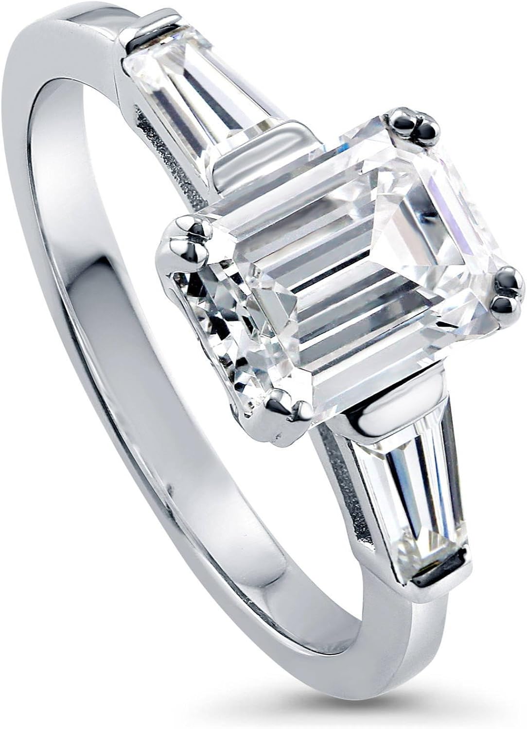 BERRICLE Rhodium Plated Sterling Silver Emerald Cut Cubic Zirconia CZ 3Stone Anniversary