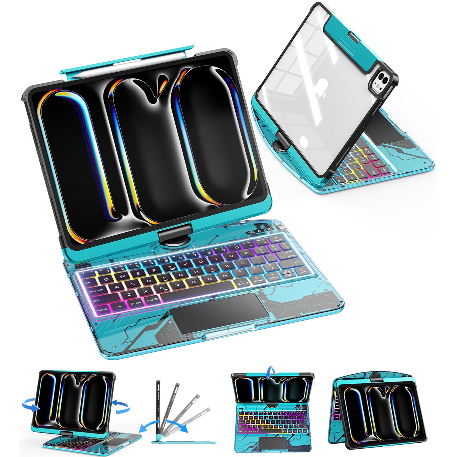 Photo 1 of TSQQST Clear Wireless Keyboard Case for iPad Pro 11 Inch (M4) 2024 with Pencil Holder & Multi-Touch Trackpad, Visible PCB, 3-Brightness & 7-Color Backlight, 360 Rotatable, Blue