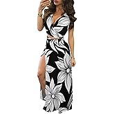 MESLIMA Women Casual 2 Piece Outfits Sexy V Neck Crop Top Boho Floral Print Beach High Split Maxi Dress Sets