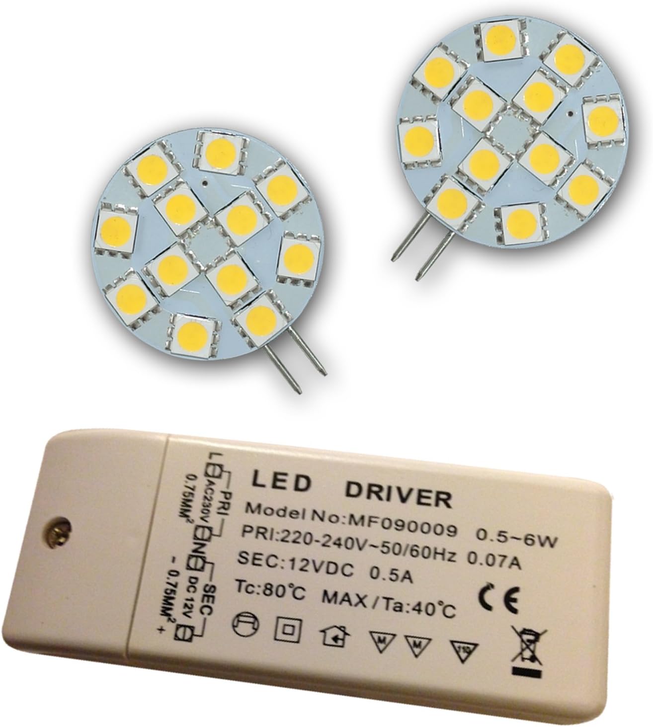2pk G4 LED Light Bulbs 12 x 5050 SMD 1.65w Cool White 6000k 130 Lumens & 6w LED Driver [Energy Class A]