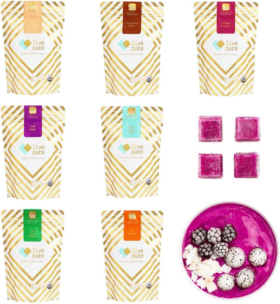 Live Pure’s Organic, Vegan, Probiotic infused Superfood Smoothie Cubes; Best Selling Bundle, 14 smoothies, 7 - 10 ounce bags