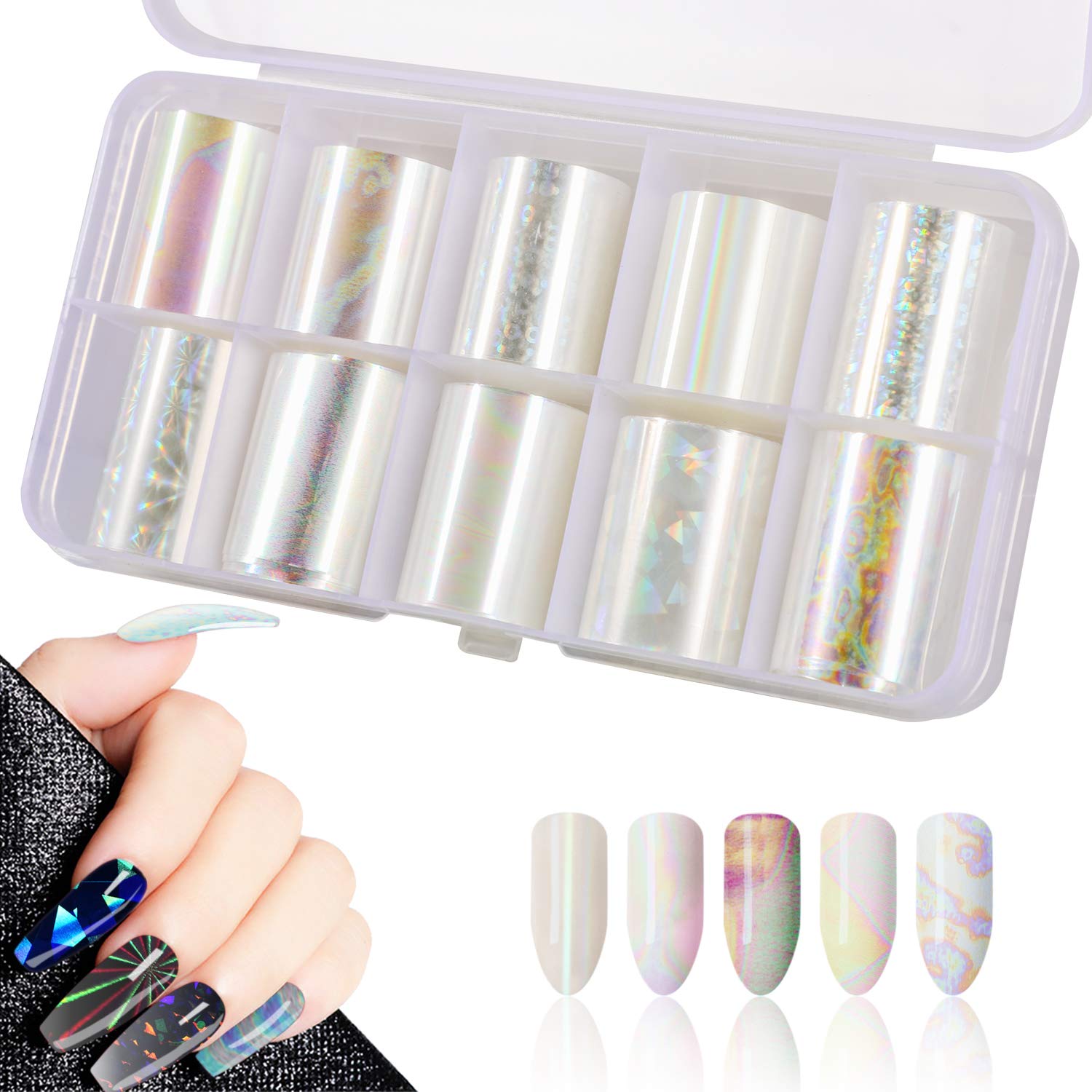 10 Rolls White Pearl Color Holographic Nail Foil Transfer Sticker Roll Set, Mwoot Mix-Pattern Nail Art Stickers, Wraps Decals Starry Sky Manicure Kit (0.98inchs39.37inchs/2.5cm100cm)