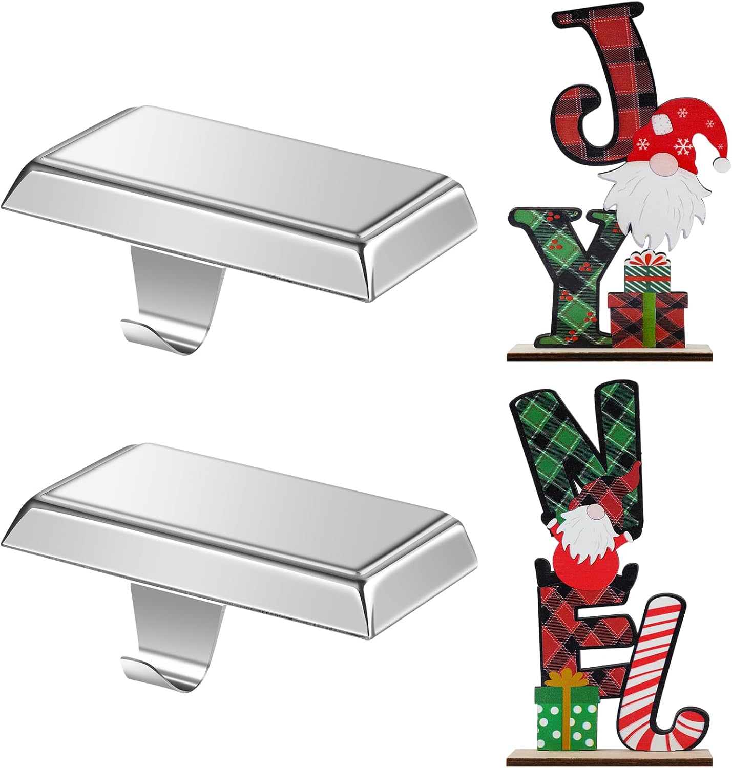 Ornament Hooks - LOVYNO 2PCS Christmas Stocking Holders Silver Christmas Stocking Hangers with 2PCS Wooden Ornaments Non-Slip Stocking Holders for Mantle DIY Stocking Holders for Christmas Fireplace Mantel Decoration