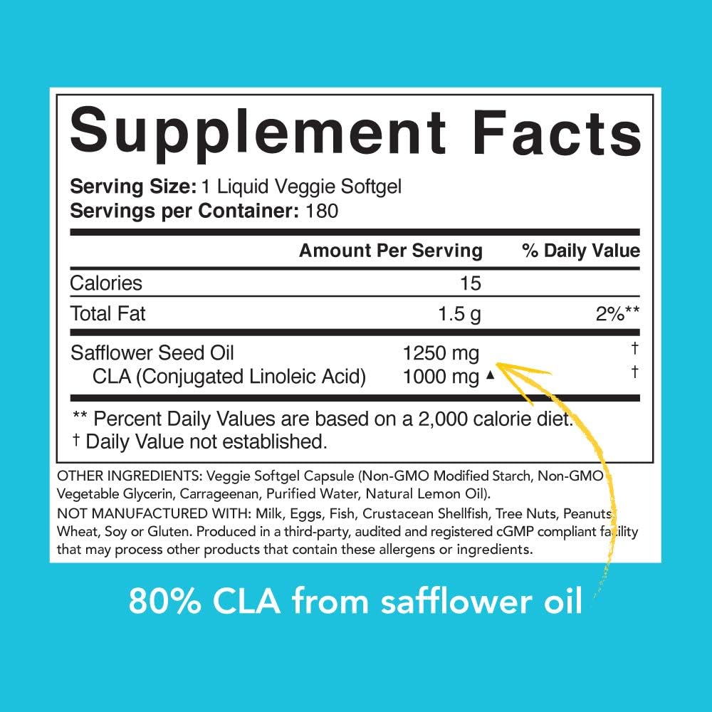 CLA 1250 (Vegan) from Non-GMO Safflower Oil | 100% Plant -Based Supplement for Men & Women | Non-GMO Verified & Gluten Free (180 Plant Gel Capsules): Health & Personal Care