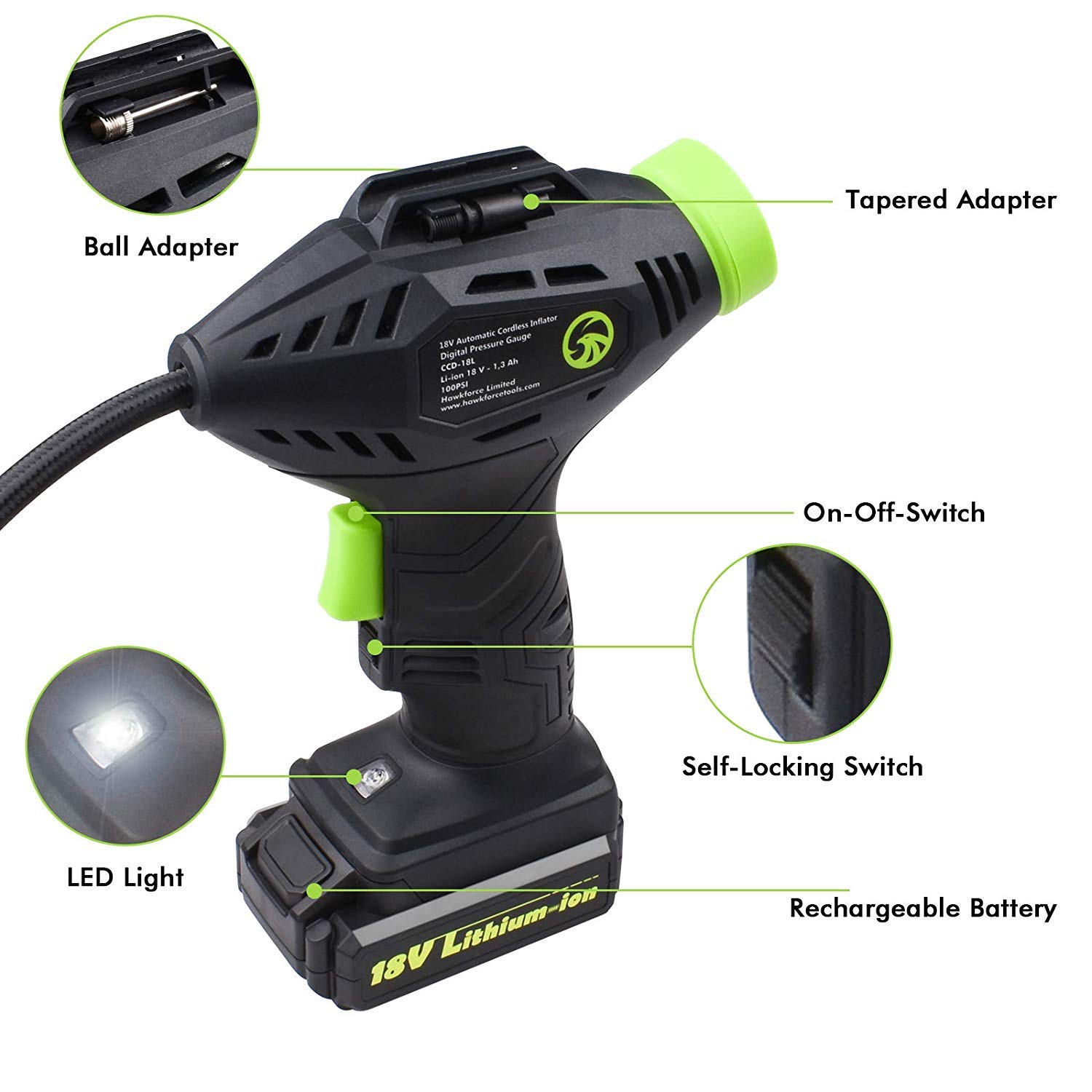 HAWKFORCE Tire Inflator, Cordless Portable Air Compressor Car Tire Air Pump with Easy to Read Digital Pressure Gauge, Built-in LED Light, Long Length 99 Inches Car Charger, Tool Bag