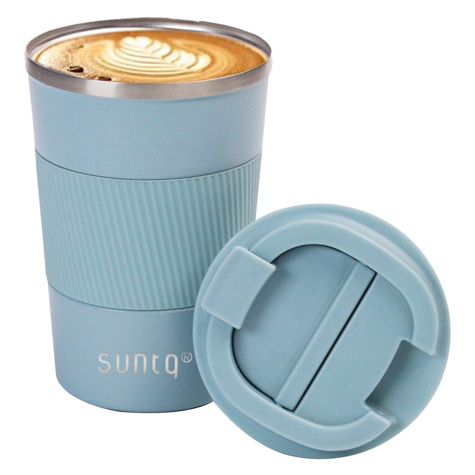SUNTQ Reusable Coffee Cups Travel - Coffee Travel Mug with Leakproof Lid - Thermal Mug Insulated Cup - Stainless Steel Travel Cup with Rubber Grip - for Hot and Cold Drinks, 13oz/380ml Light Blue