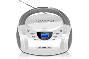 LONPOO CD Players Portable Boombox with FM Radio/USB/Bluetooth/AUX Input and Earphone Jack Output, Stereo Sound Speaker & Audio Player,White