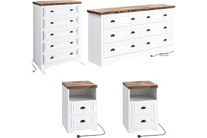 LIKIMIO Farmhouse Bedroom Set, Power Strip, 4 Pieces Bedroom Furniture Set, 5 Drawer Dresser & 6 Drawer Dresser and 2 Nightstands, Chest of Drawers Wide Storage Cabinet for Bedroom, White