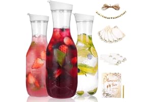 Tomnk 50oz Plastic Pitcher with Lid, Round Carafe Pitcher for Water, Cold Tea, Juice, Milk, Cold Brew, Mimosa Bar and Other Drinks, 2 Pack