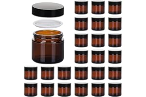 11 HOA KINH 2oz Jars with Lids, Hoa Kinh 24 Pack Amber Glass Jars with Lids Empty Cosmetic Containers Round Airtight Glass Jar with Inner Liners and black Lid for Storing Lotions, Powders, and Ointments