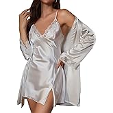 WDIRARA Women's Sexy Lace Cami Sleepwear Slip Satin Nightgown with Robes Set 2 Piece Spaghetti Strap Nightwear
