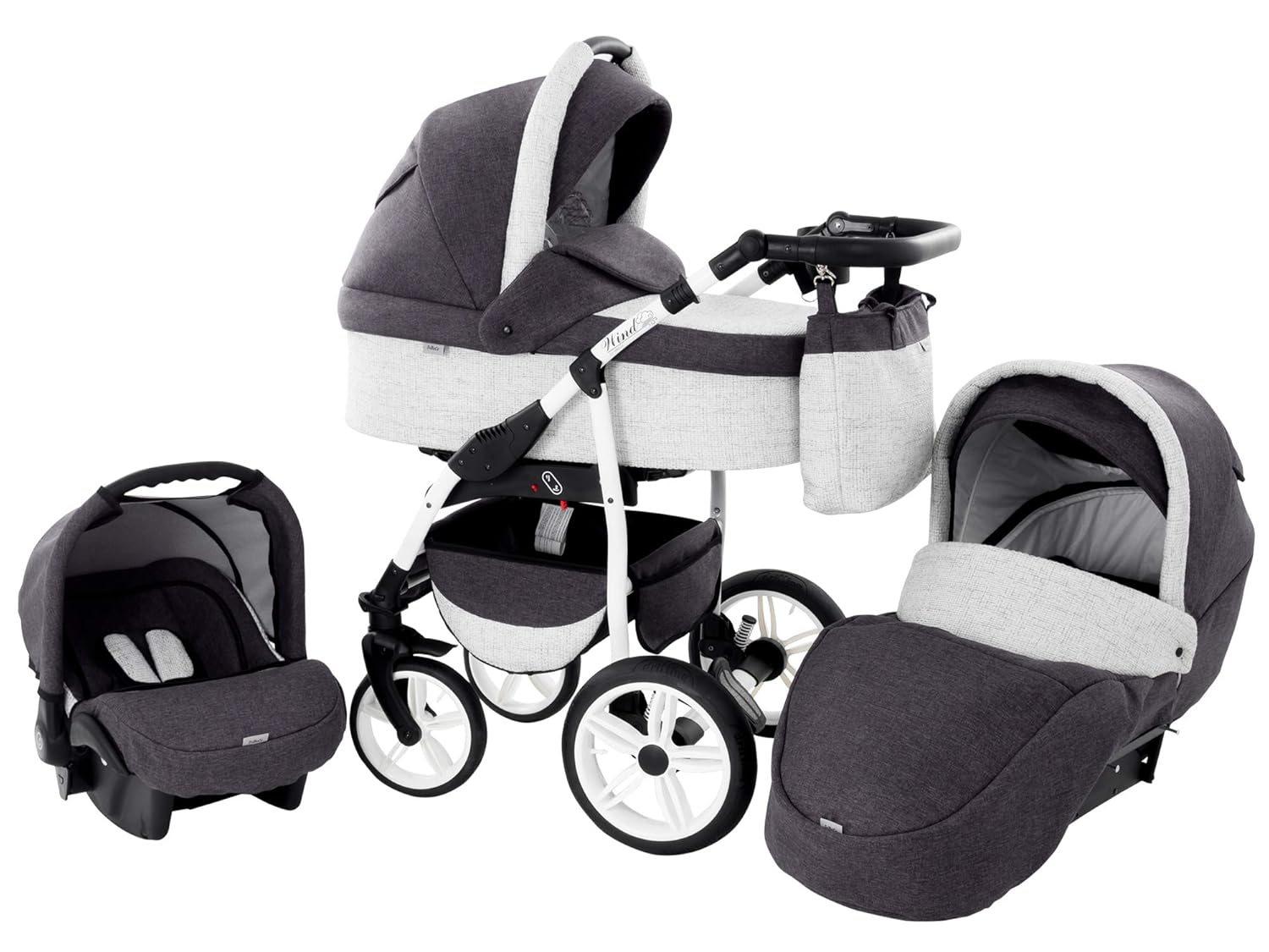 Kinderwagen Babywagen Kombikinderwagen Zeo Wind 3 in 1 Komplettset mit Zubehör 0-3 Jahre 0-15 kg Insektenschutz Einkaufstasche Regenschutz Getränkehalter Buggy Autositz (46)