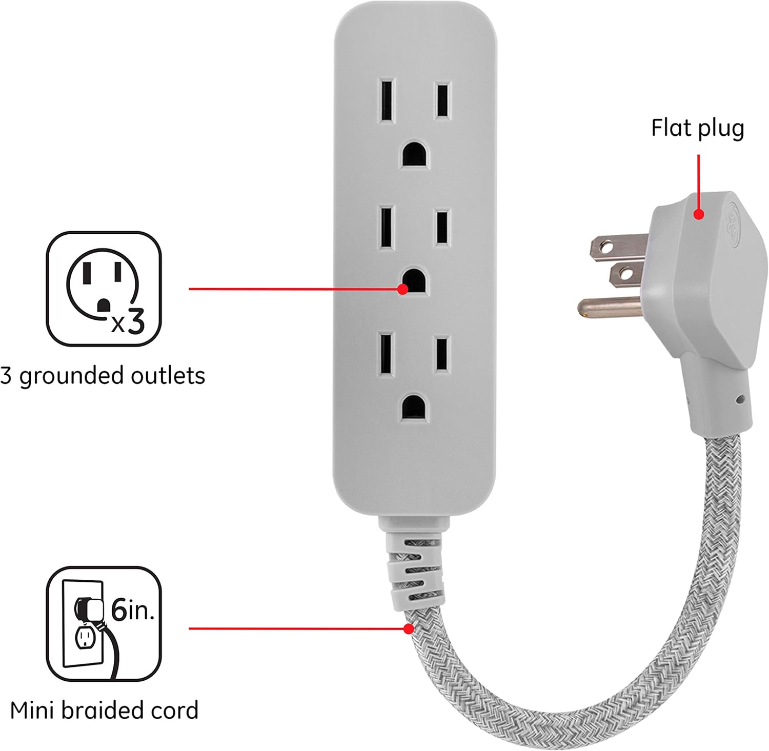 GE, Heather Gray, Designer Power Strip, 6 Inch Braided Extension Cord, 3 Grounded Outlets, Flat Plug, 53199 - - 