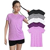 Orrstarry 5 Pack Girls Athletic Shirts Short Sleeve Dry Fit Sports T-Shirts Crew Neck Activewear Tees Tops for Kids Teens
