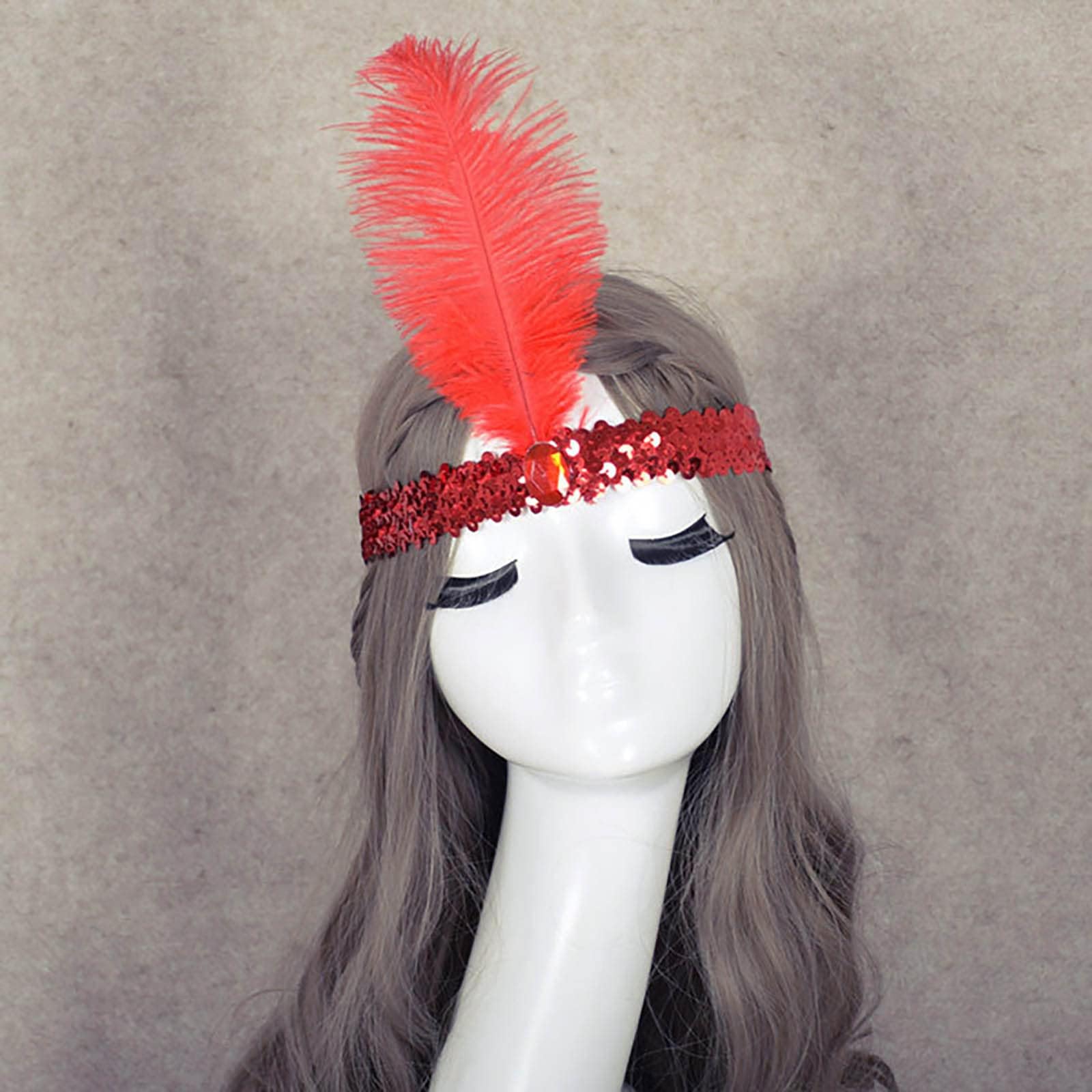 TseenYi Elastic Sequin Headband Hair band Boho Sequins Feather Headpiece Hair tie jewelry for Women and Girls Christmas Stage Performance (Red)