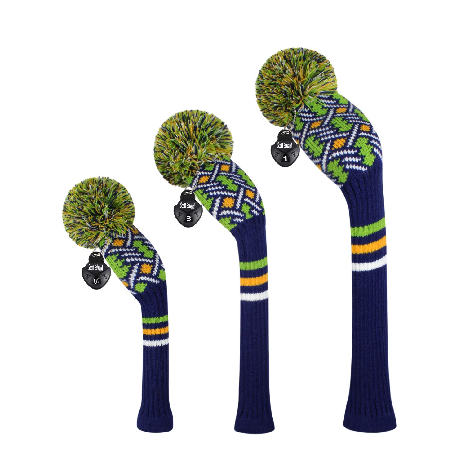 Scott Edward Knitted Golf Club Head Covers for Woods 3Pcs Set Golf Driver (460CC) Fairways and Hybrid/UT with Rotating Number Tags(Four Colors Pattern)