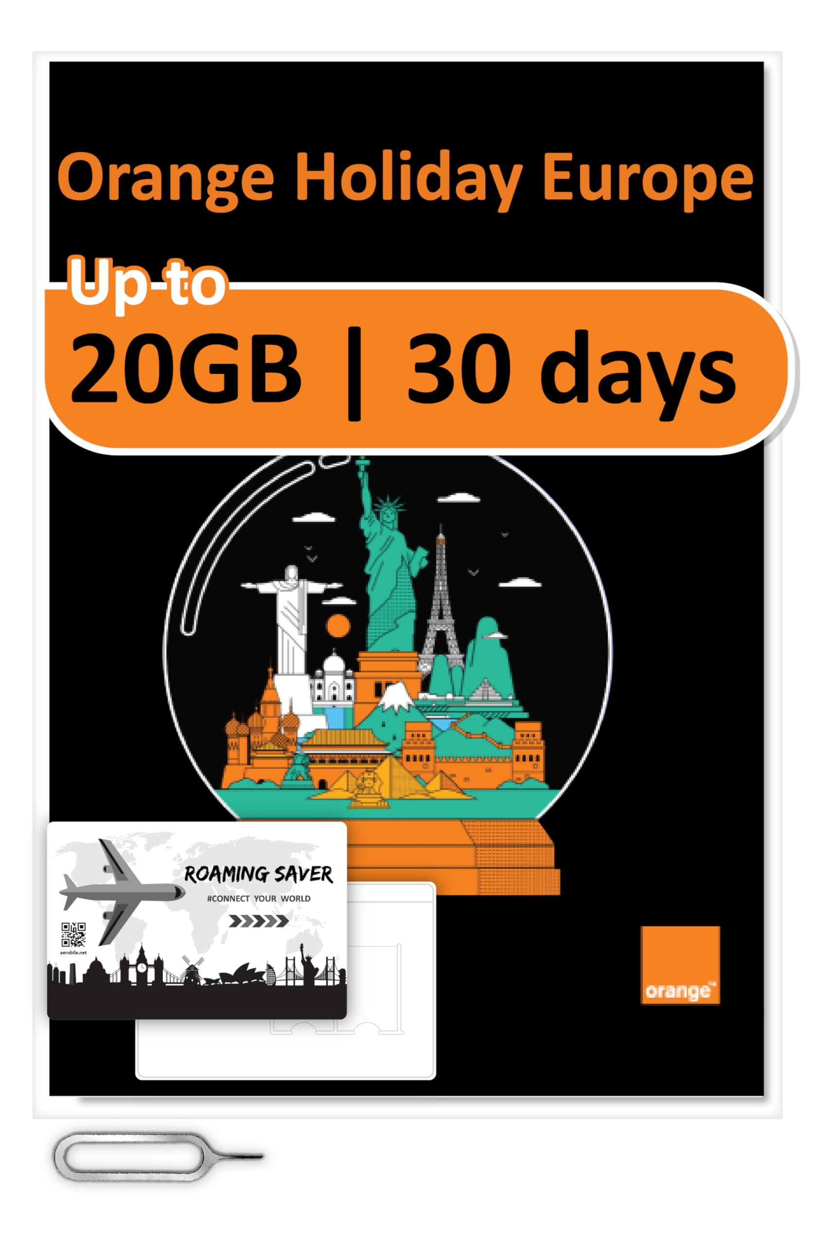 Orange Holiday Worldwide Prepaid SIM Card 20GB Internet Data for 30 Days in 4G/LTE | Data tethering Allowed | Calls & SMS | 1 Sim Card Holder + 1 Pin (international sim, Asia America Europe)