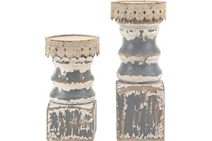 NIKKY HOME Farmhouse Pillar Candle Holder Set of 2 - Rustic Wood Decorative Candlesticks Pedestal, Centerpieces Decor for Fireplace Mantle Coffee Bar Dining Table, Distressed Grey