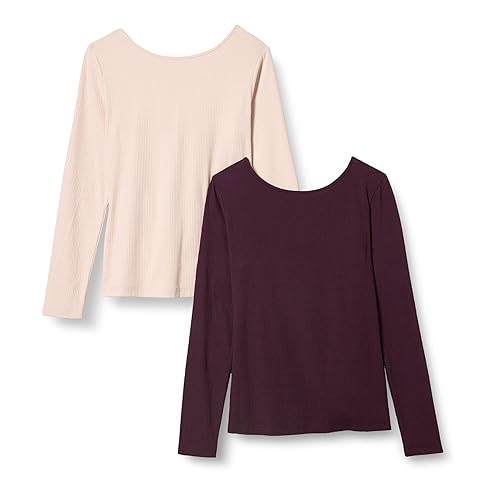 Amazon Essentials Women's Scoop Back Long Sleeve Slim-Fit Rib-Knit T-Shirt, Pack of 2, Blush/Burgundy, X-Small