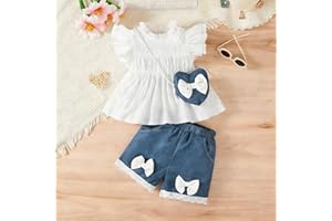 Girls' 3 Piece Summer Outfit Toddler White Smocked Ruffle Top + Faux Denim Shorts + Heart Purse Set, Casual Clothes for 4–7Y