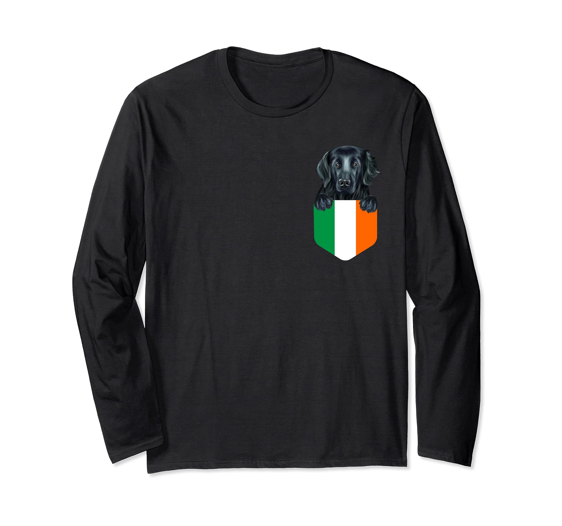 Ireland Flag Flat-Coated Retriever Dog In Pocket Long Sleeve T-Shirt