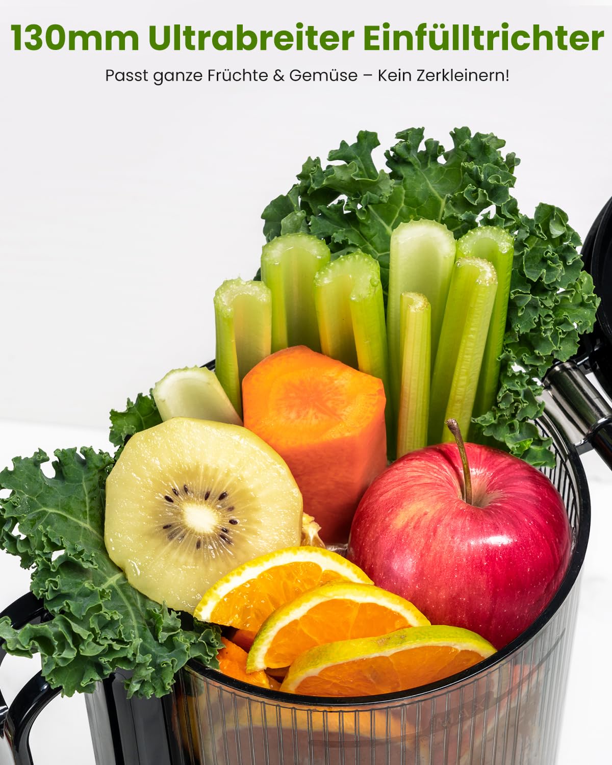 LINKChef Entsafter Slow Juicer, Entsafter Gemüse und Obst Testsieger, 130MM Öffnung und 1,8L Juicer Machine mit Umkehrfunktion, Einfache Installation, Leicht zu Reinigen, 100% BPA Frei, 250W 7