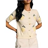 SHENHE Women's Lemon Button Down Crewneck Cardigan Sweater | Short Sleeve,Lemon Sweater,Fruit Summer Sweater,Lightweight Cardigan