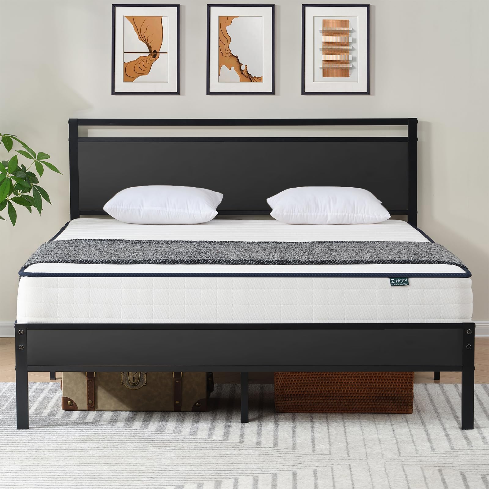 Z-hom Queen Bed Frame with Modern Wood Headboard