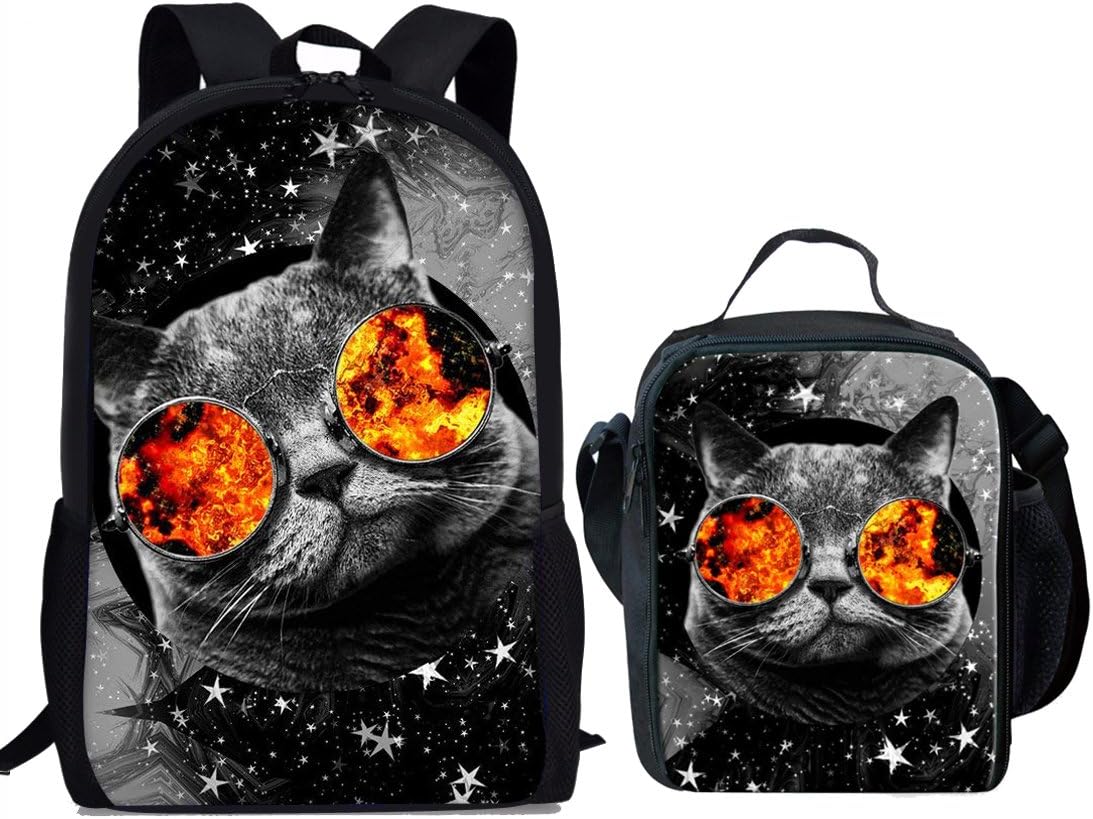 Showudesigns Schoolbag Set Shoulder Book Backpack + Lunch Box for Children Star Cat Print