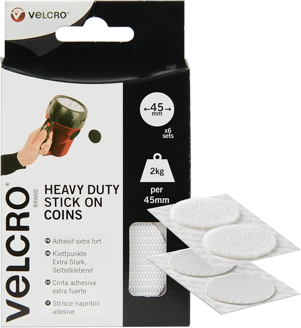 VELCRO Brand Heavy Duty Stick On Coins White 45mm Hook Loop 6 Pack