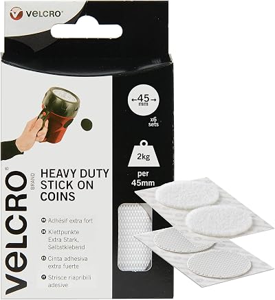 VELCRO Brand Heavy Duty Stick On Coins White 45mm Hook Loop 6 Pack